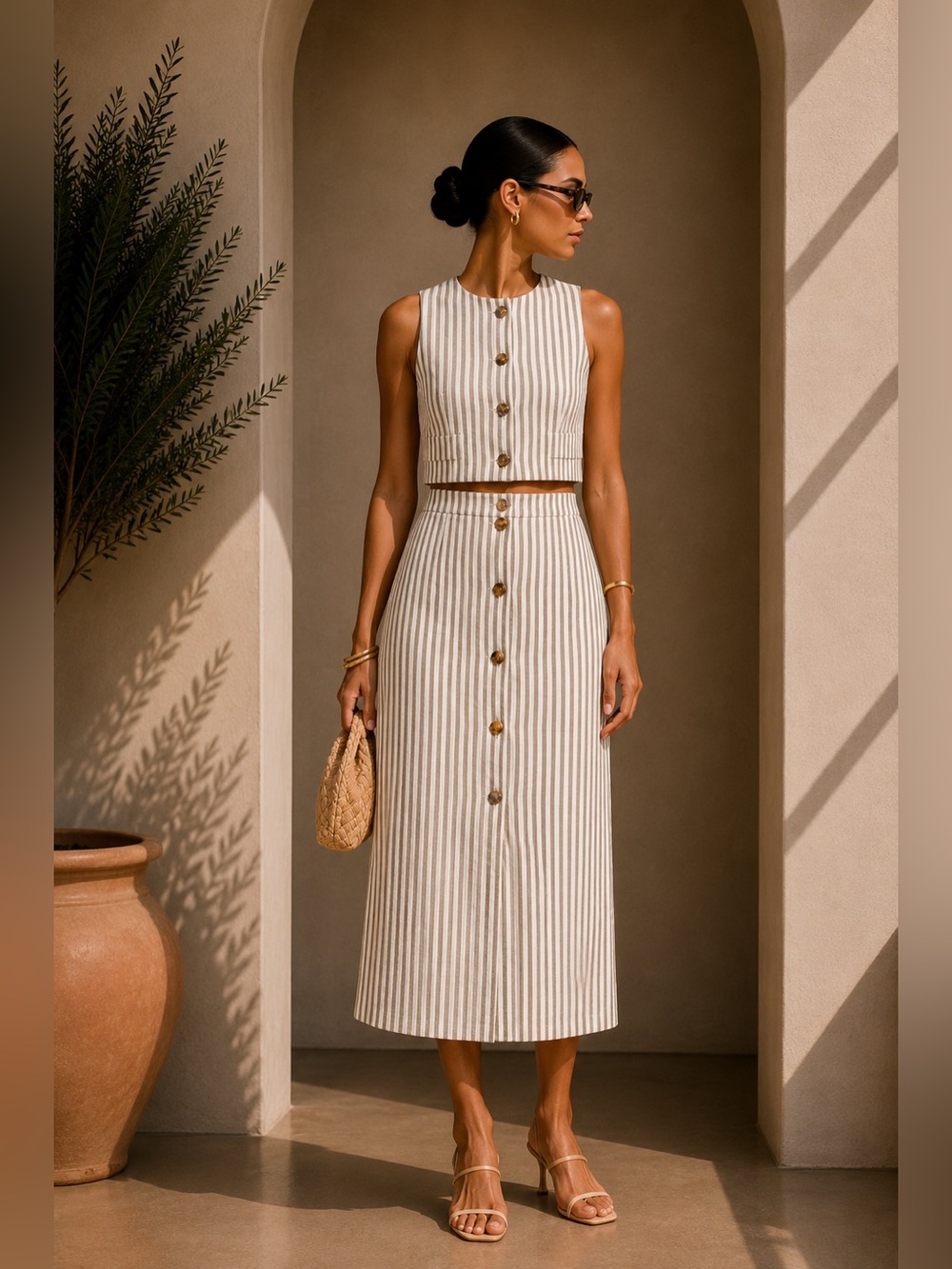 Commense Cream & Tan Striped Button-Front Midi Two-Piece Dress